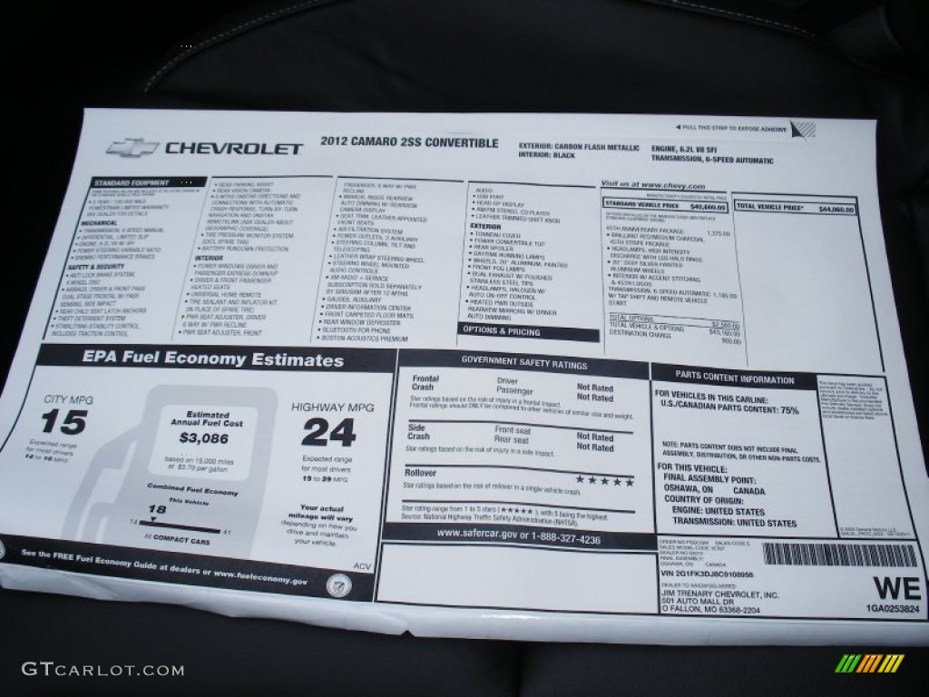 2012 Chevrolet Camaro SS 45th Anniversary Edition Convertible Window Sticker Photo #58053229