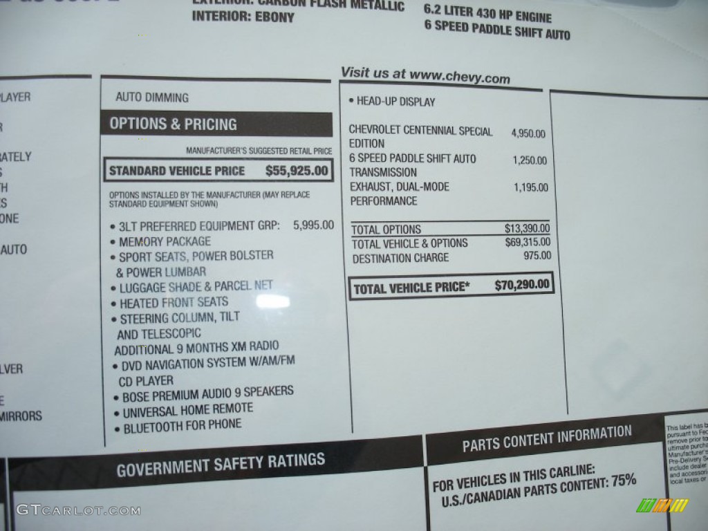 2012 Chevrolet Corvette Centennial Edition Grand Sport Coupe Window Sticker Photo #58053668