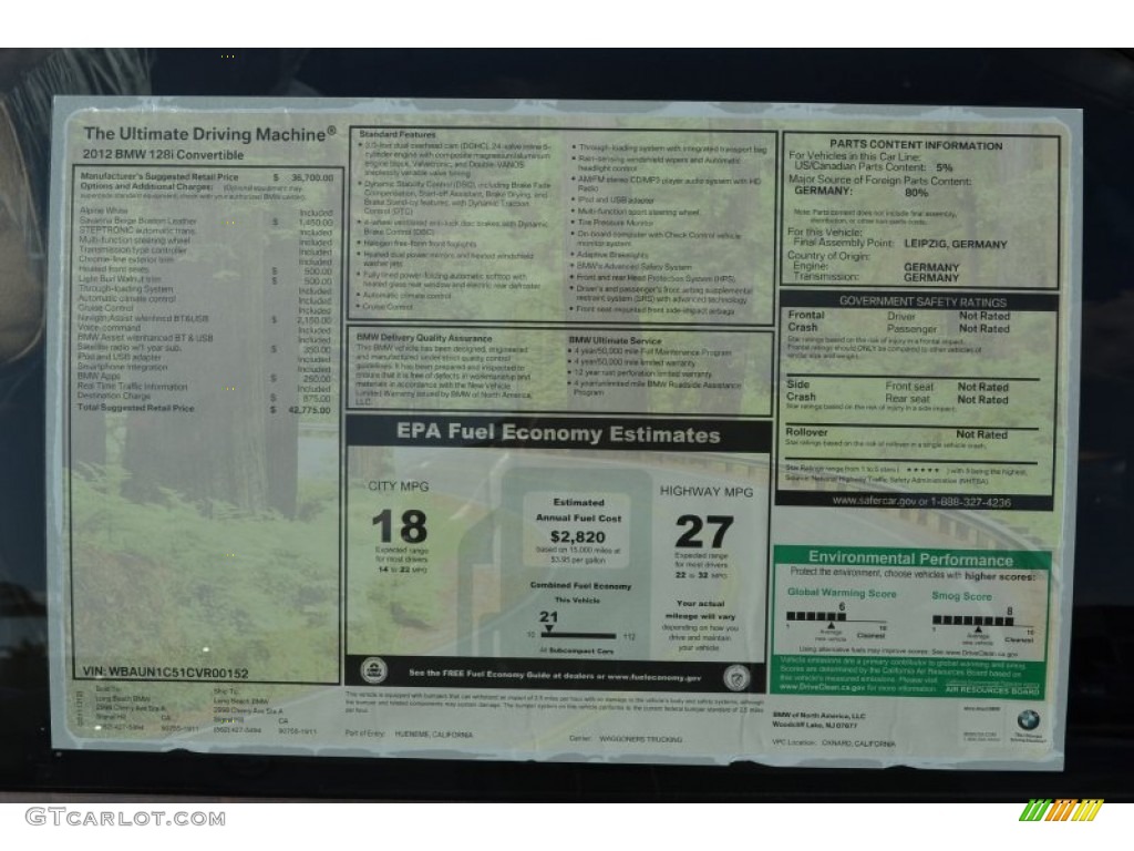 2012 BMW 1 Series 128i Convertible Window Sticker Photo #58054229
