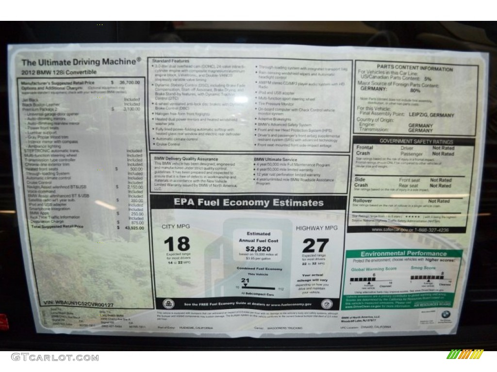 2012 BMW 1 Series 128i Convertible Window Sticker Photo #58054322