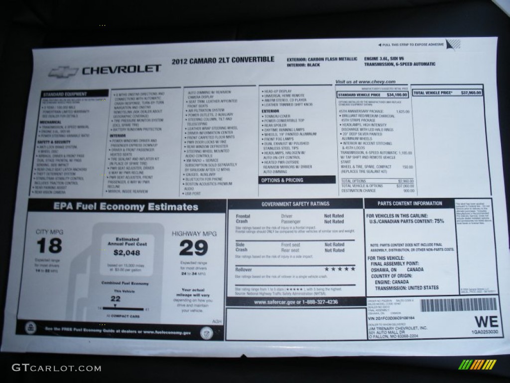 2012 Chevrolet Camaro LT 45th Anniversary Edition Convertible Window Sticker Photo #58054566