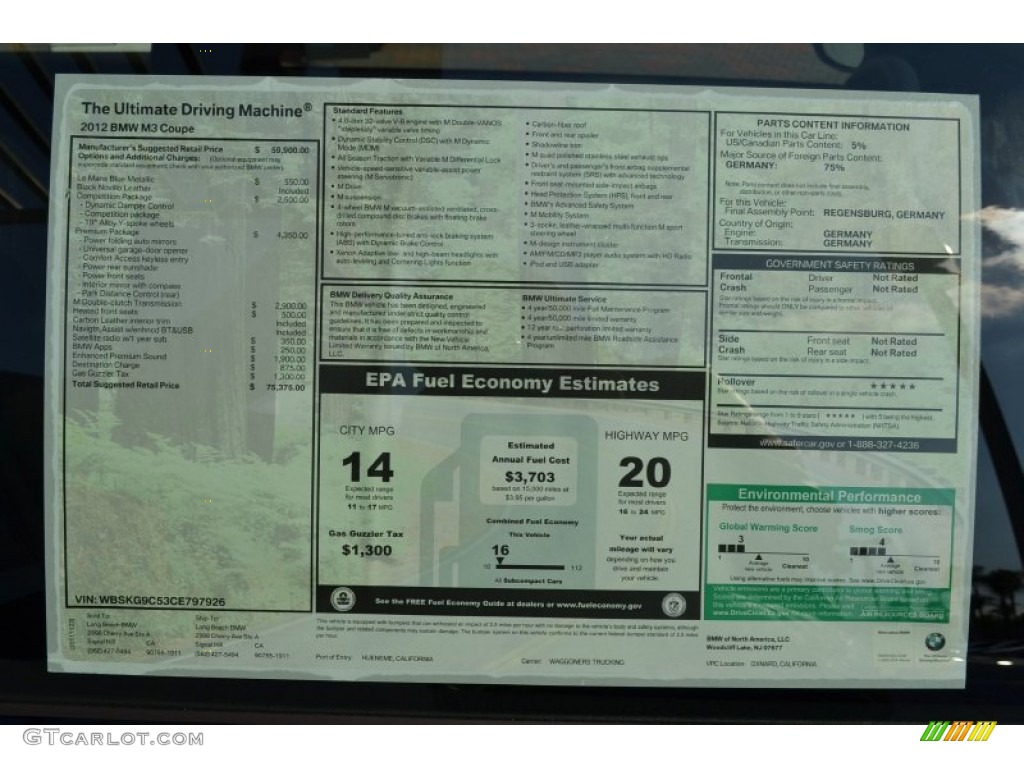 2012 BMW M3 Coupe Window Sticker Photo #58054650