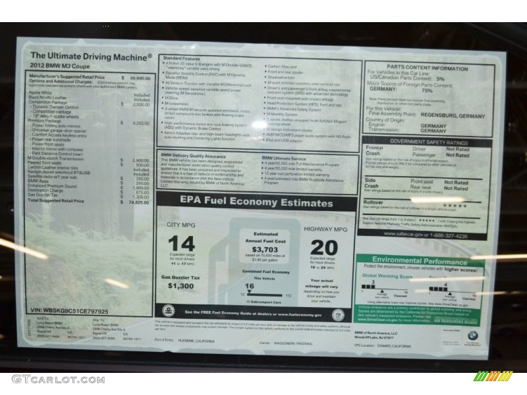 2012 BMW M3 Coupe Window Sticker Photo #58054743