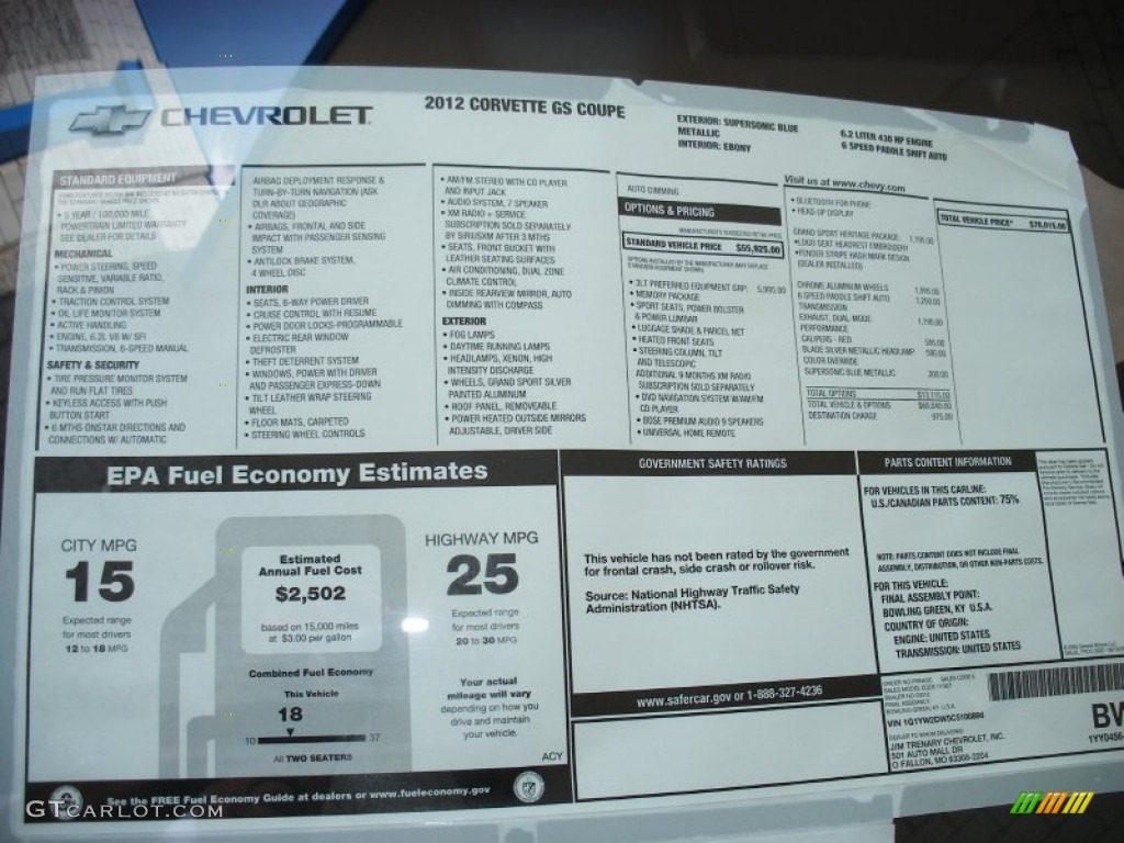 2012 Chevrolet Corvette Grand Sport Coupe Window Sticker Photo #58054953