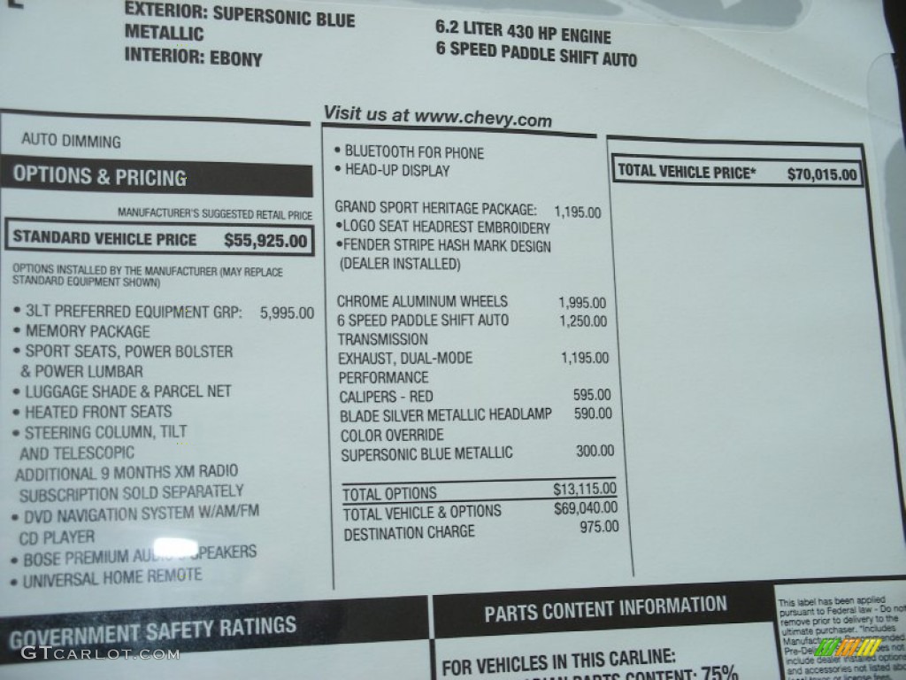 2012 Chevrolet Corvette Grand Sport Coupe Window Sticker Photo #58054959