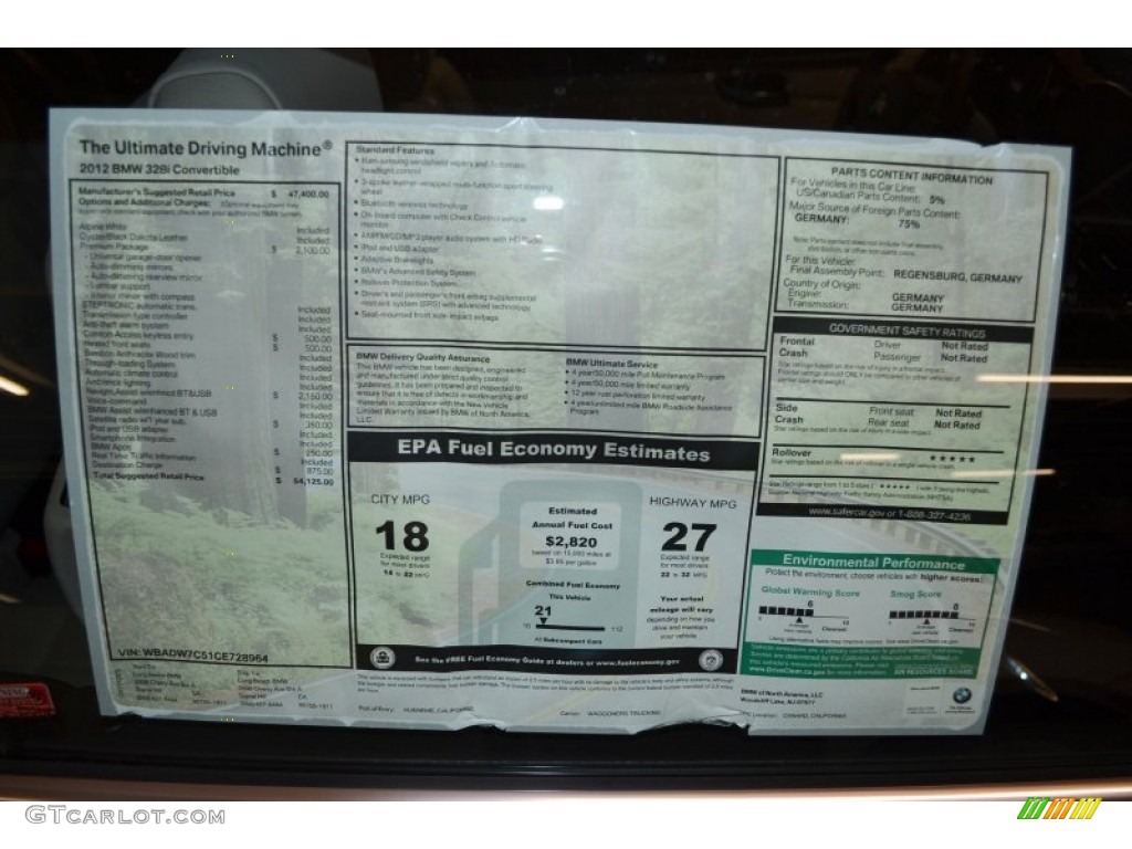 2012 BMW 3 Series 328i Convertible Window Sticker Photo #58055341