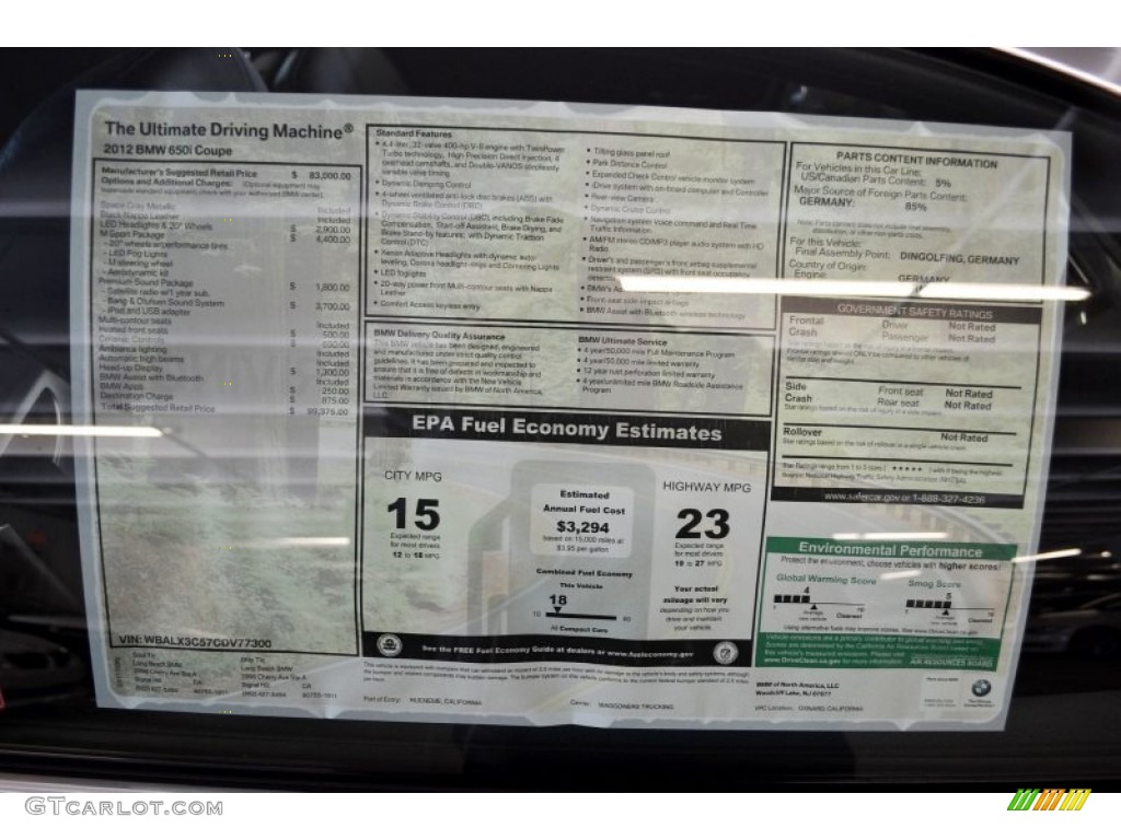 2012 BMW 6 Series 650i Coupe Window Sticker Photo #58055749