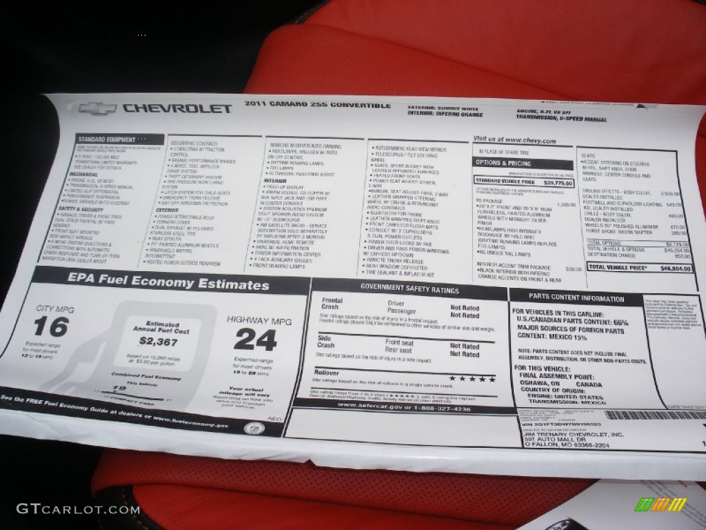 2011 Chevrolet Camaro SS/RS Convertible Window Sticker Photo #58055767