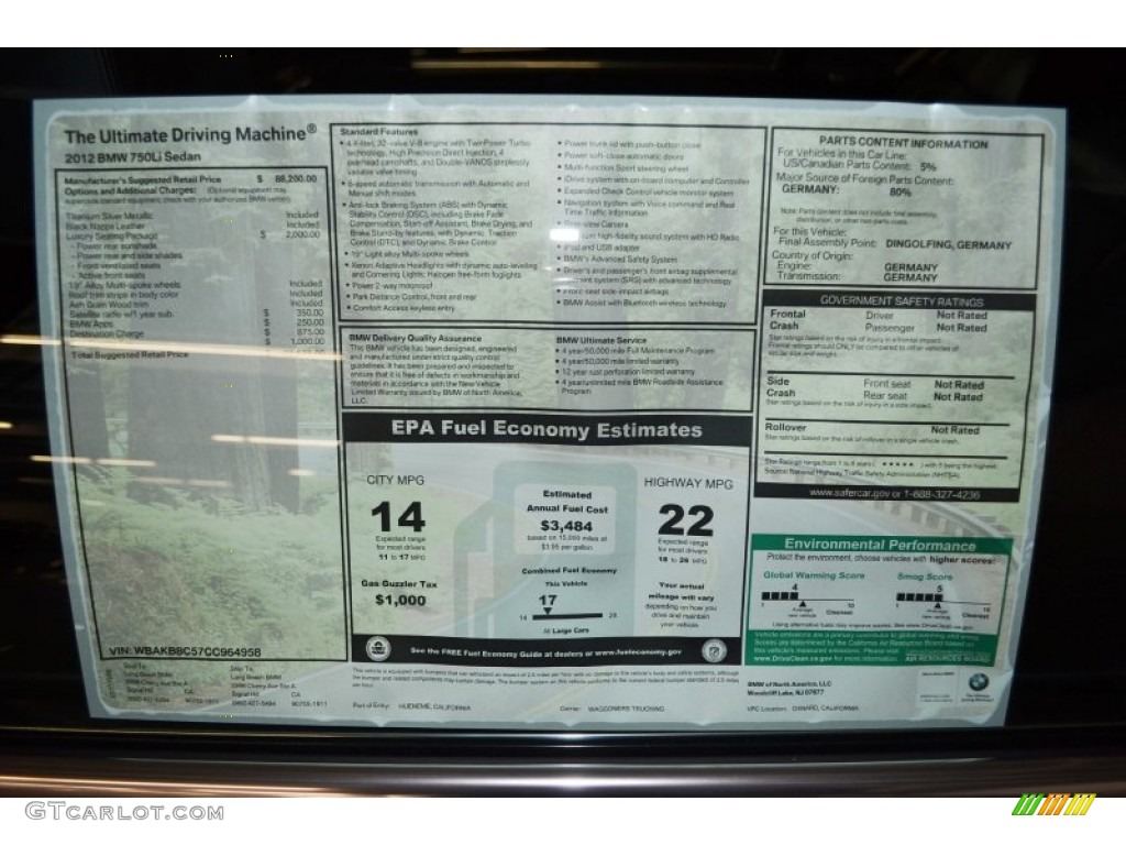 2012 BMW 7 Series 750Li Sedan Window Sticker Photo #58055866