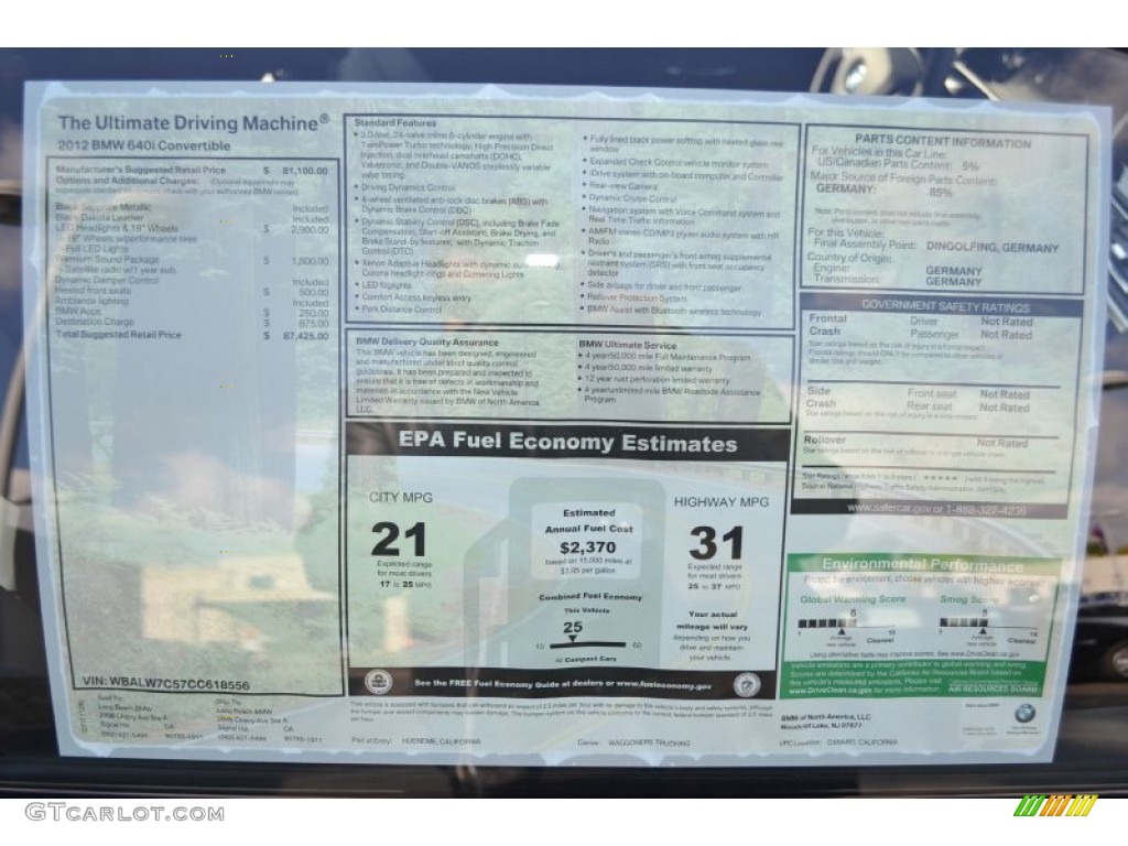2012 BMW 6 Series 640i Convertible Window Sticker Photo #58055926