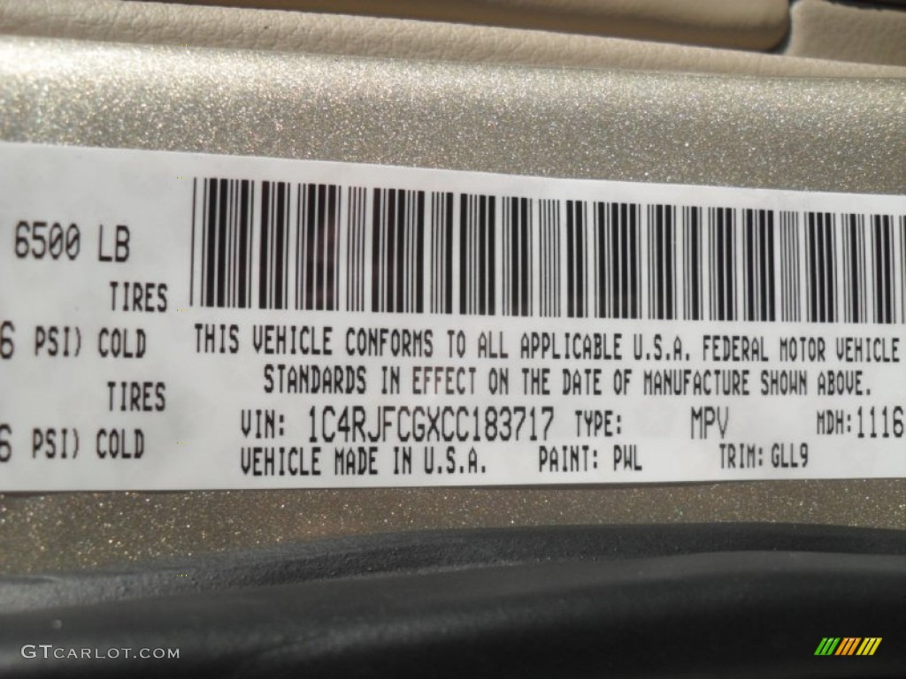 2012 Grand Cherokee Color Code PWL for White Gold Metallic Photo #58056178