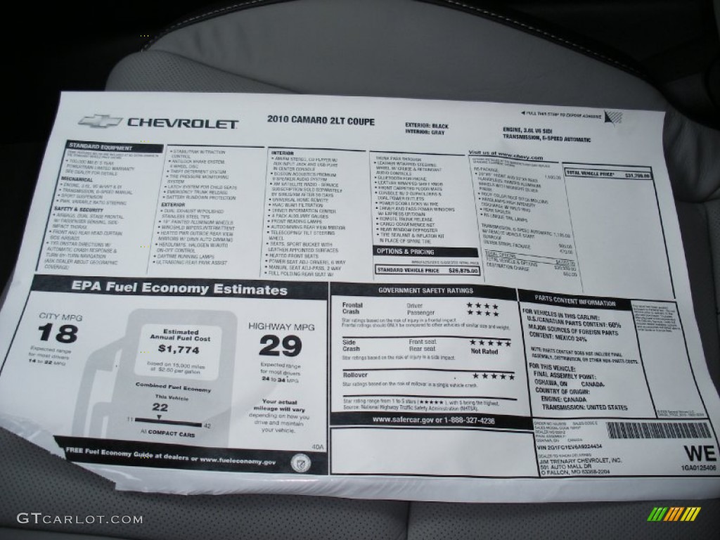 2010 Chevrolet Camaro LT/RS Coupe Window Sticker Photos