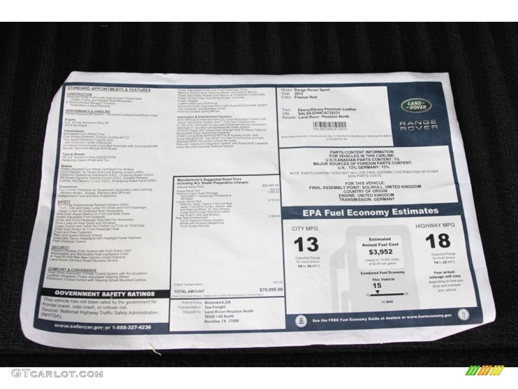 2012 Land Rover Range Rover Sport HSE LUX Window Sticker Photo #58057875