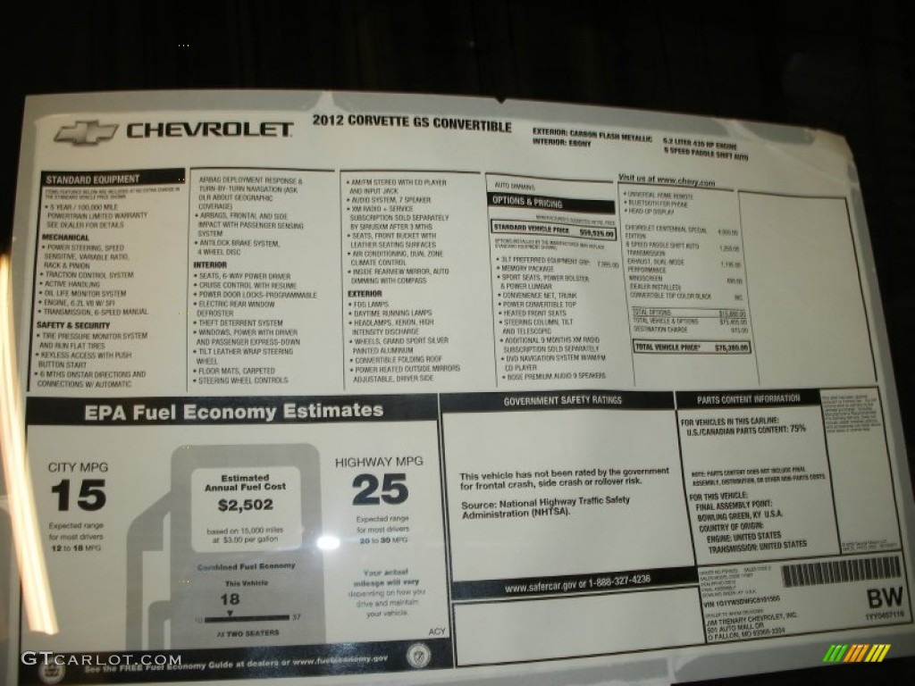 2012 Chevrolet Corvette Centennial Edition Grand Sport Convertible Window Sticker Photo #58058703