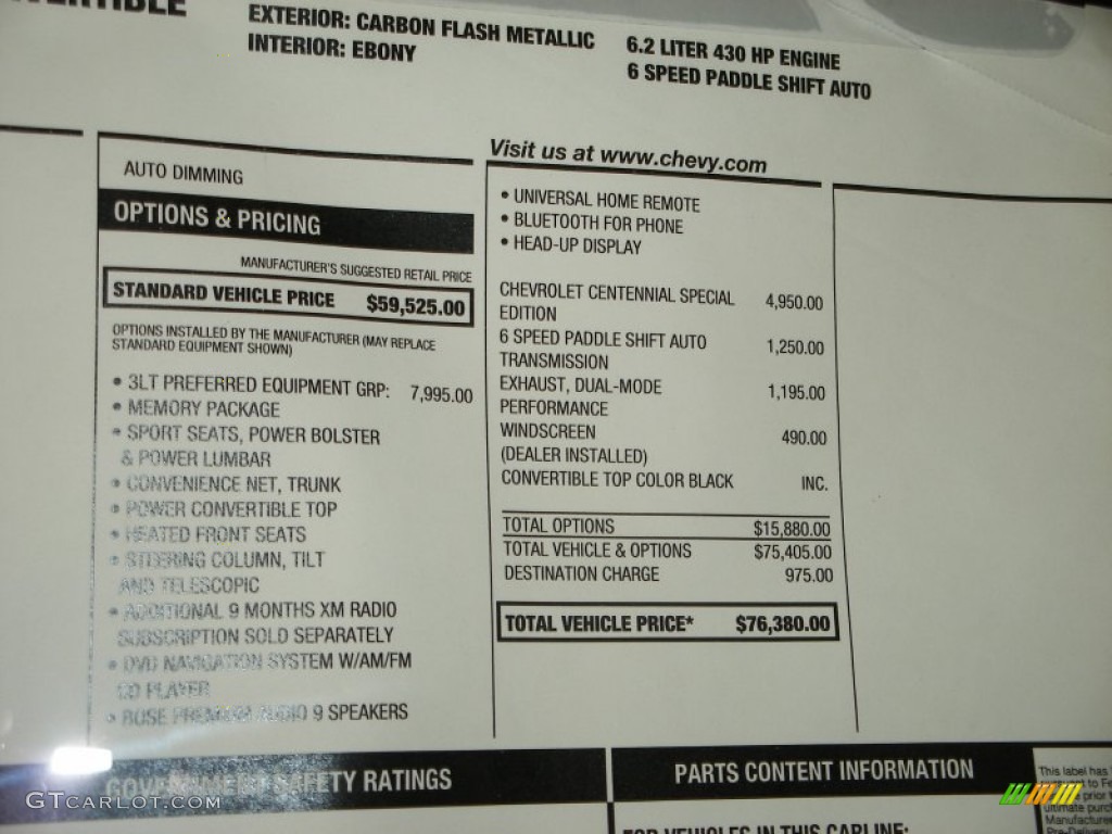 2012 Chevrolet Corvette Centennial Edition Grand Sport Convertible Window Sticker Photo #58058712