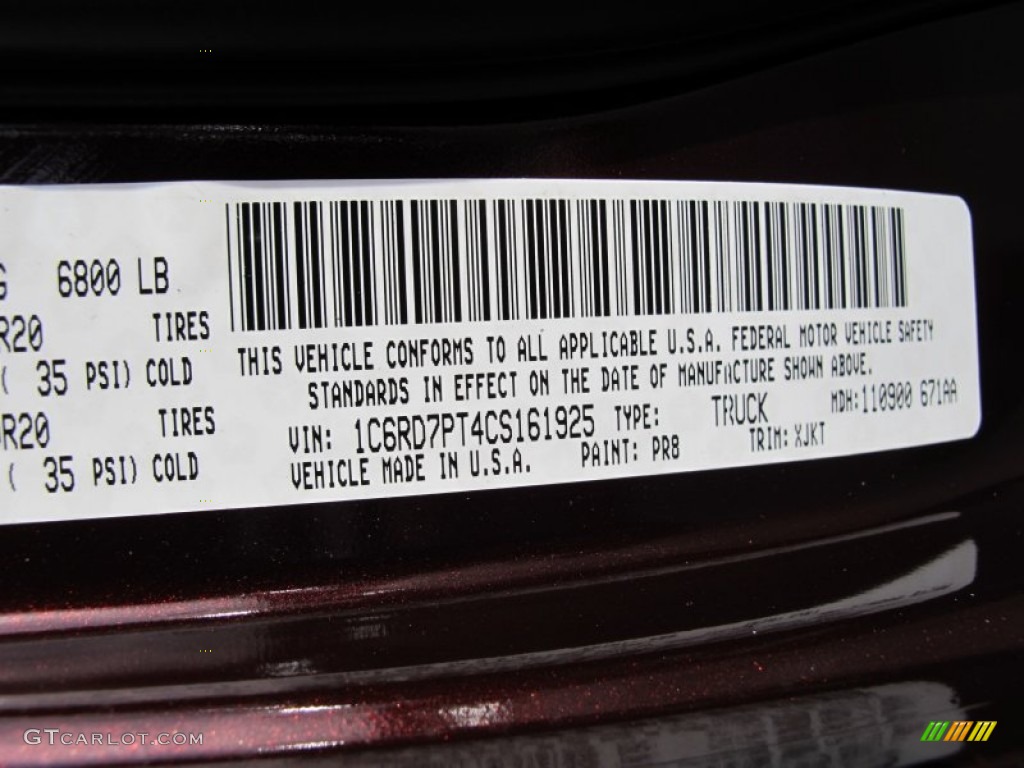 2012 Ram 1500 Color Code PR8 for Deep Molten Red Pearl Photo #58075917