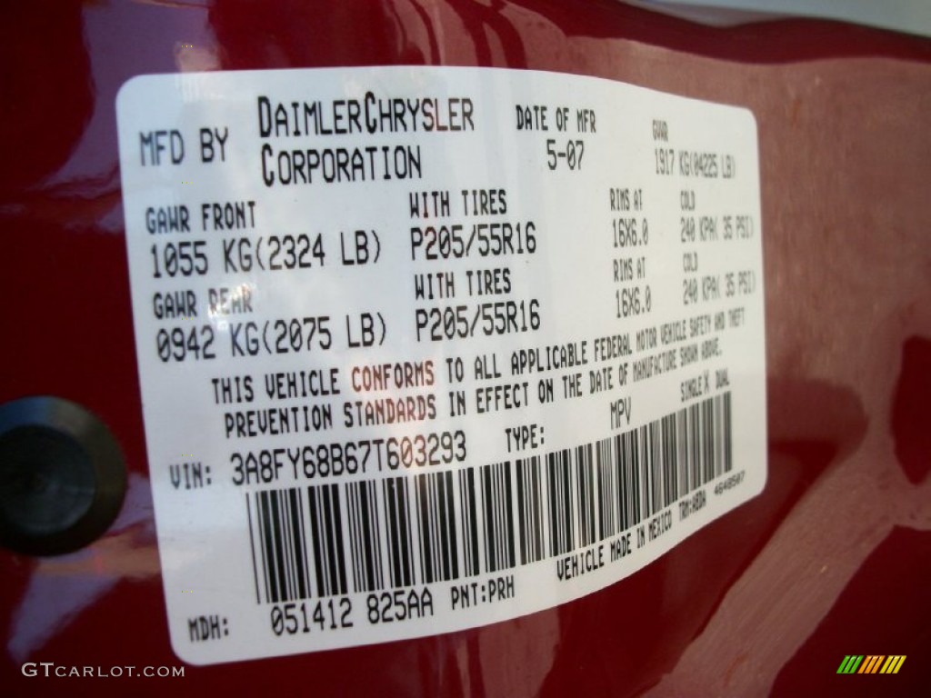 2007 PT Cruiser Color Code PRH for Inferno Red Crystal Pearl Photo #58100906