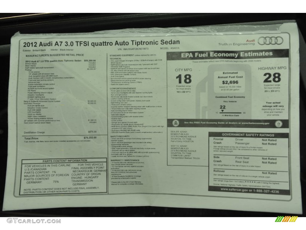 2012 Audi A7 3.0T quattro Premium Window Sticker Photo #58112858