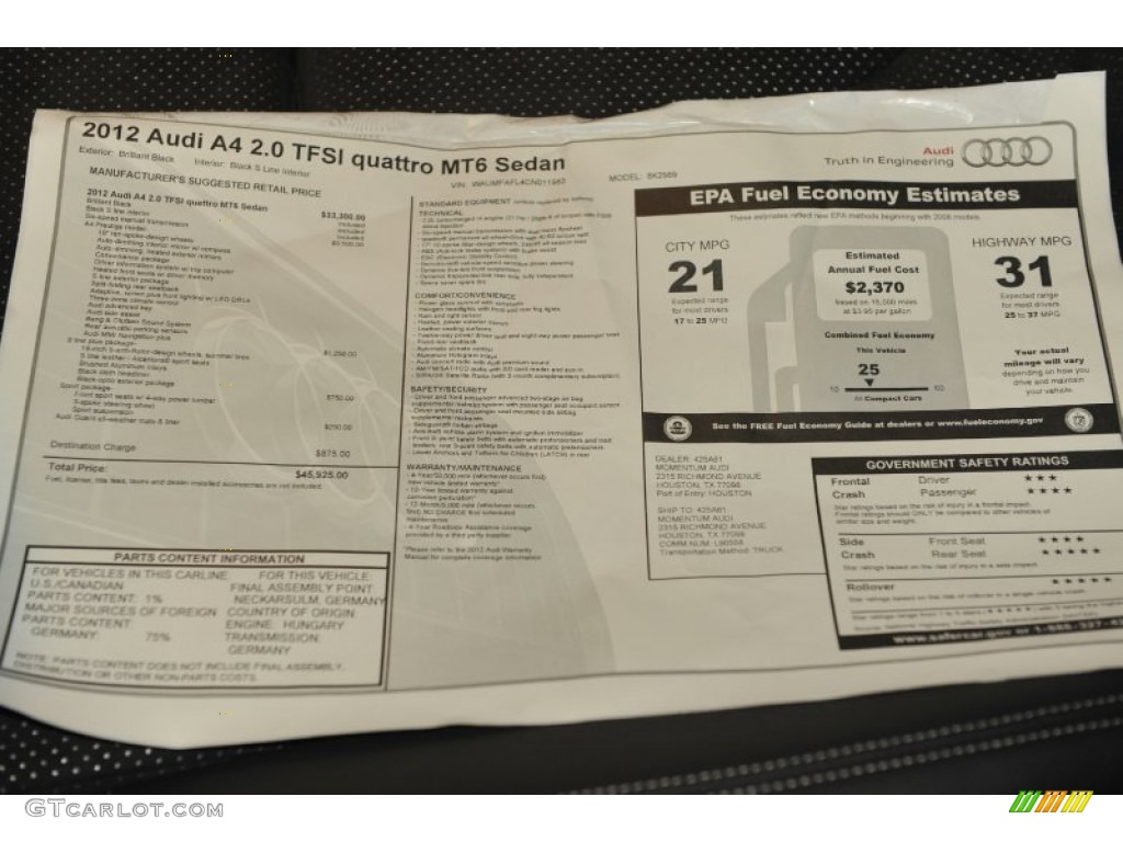 2012 Audi A4 2.0T quattro Sedan Window Sticker Photo #58113164