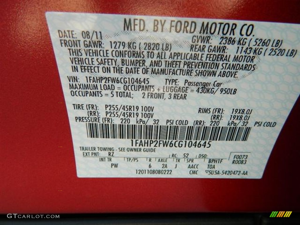 2012 Taurus Color Code RZ for Red Candy Metallic Photo #58149467