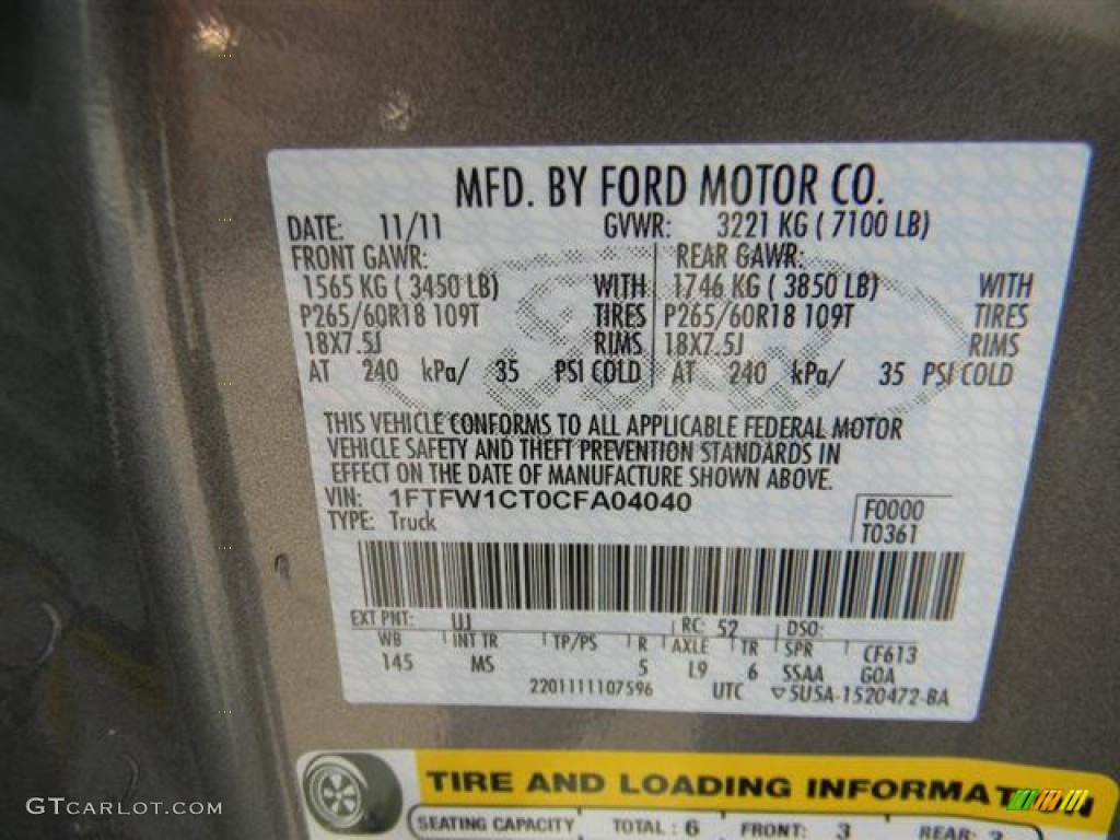 2012 F150 Color Code UJ for Sterling Gray Metallic Photo #58150187