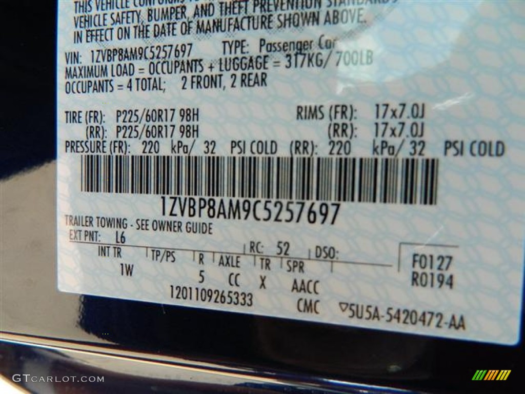 2012 Mustang Color Code L6 for Kona Blue Metallic Photo #58158974