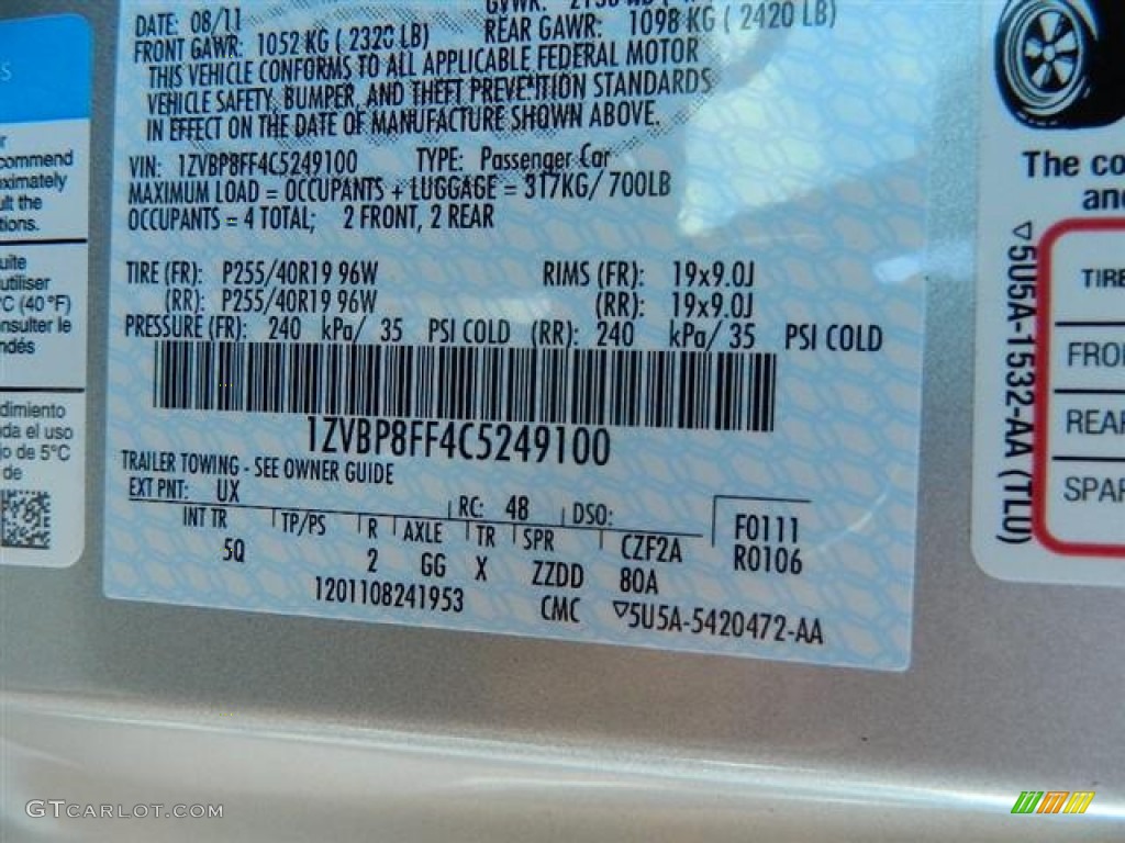 2012 Mustang Color Code UX for Ingot Silver Metallic Photo #58159976