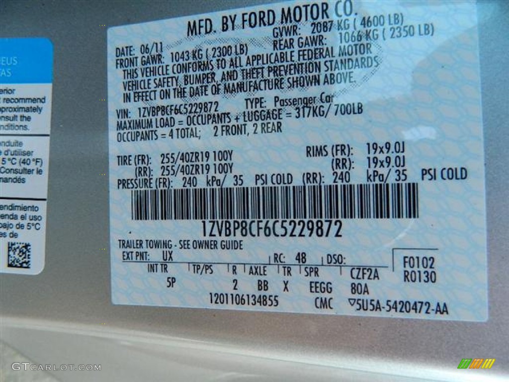2012 Mustang Color Code UX for Ingot Silver Metallic Photo #58160449