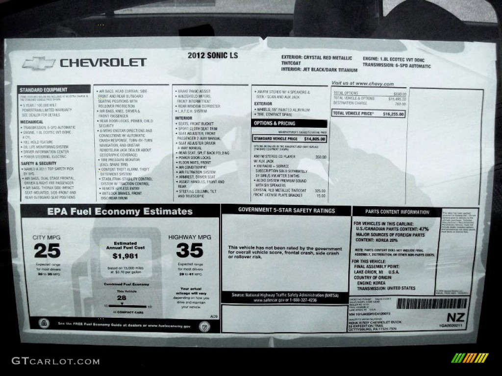 2012 Chevrolet Sonic LS Sedan Window Sticker Photo #58177304