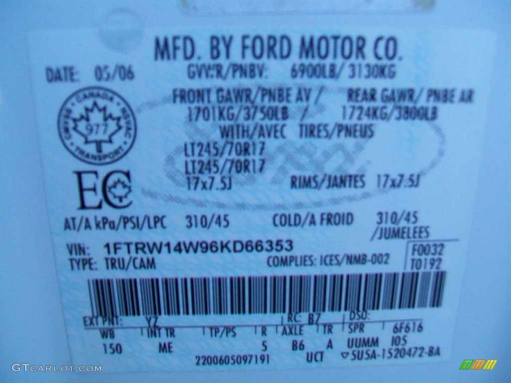 2006 F150 Color Code YZ for Oxford White Photo #58179875