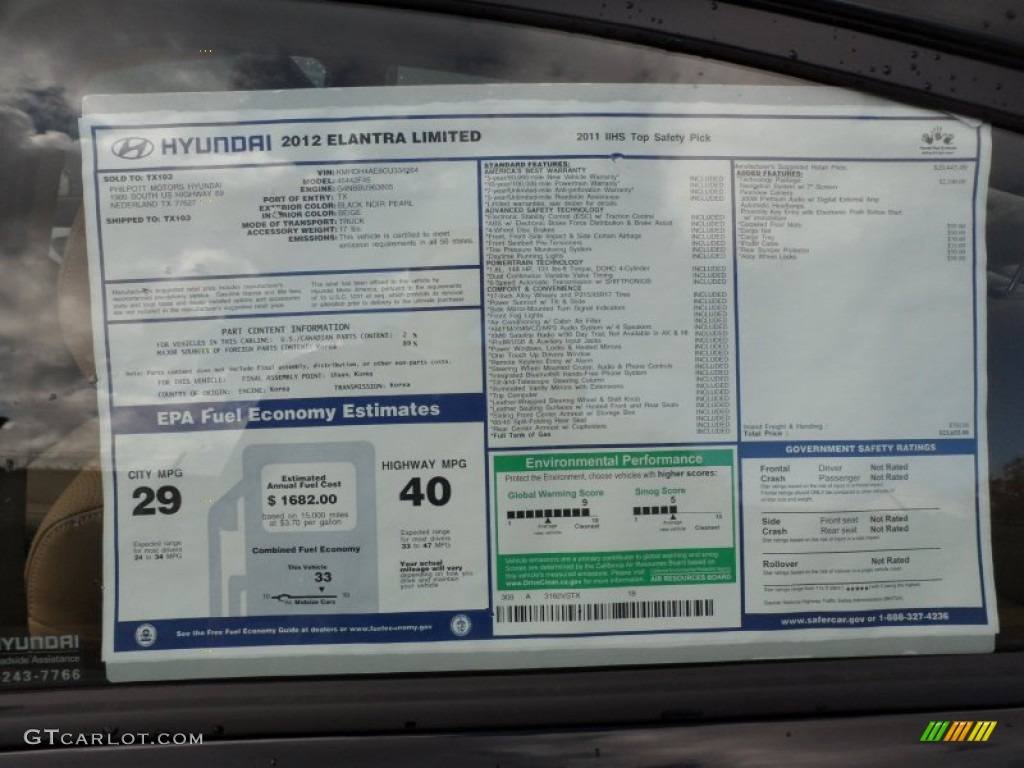 2012 Hyundai Elantra Limited Window Sticker Photo #58204766