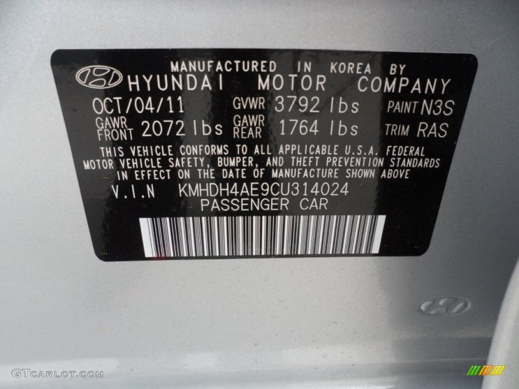 2012 Elantra Color Code N3S for Shimmering Silver Photo #58205074