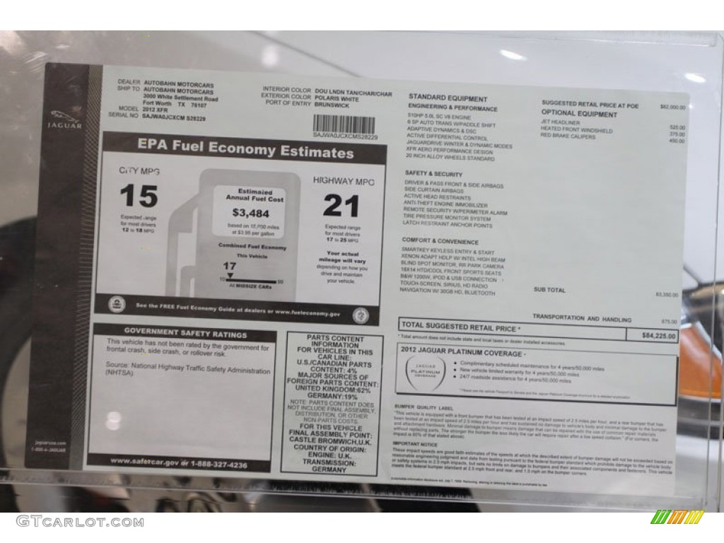 2012 Jaguar XF XFR Window Sticker Photos