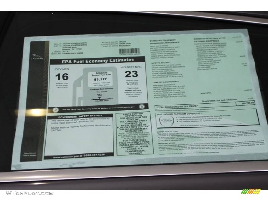 2012 Jaguar XJ XJ Window Sticker Photo #58208240