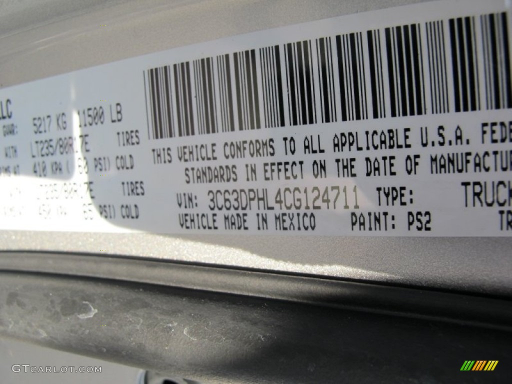 2012 Ram 3500 HD Color Code PS2 for Bright Silver Metallic Photo #58223526