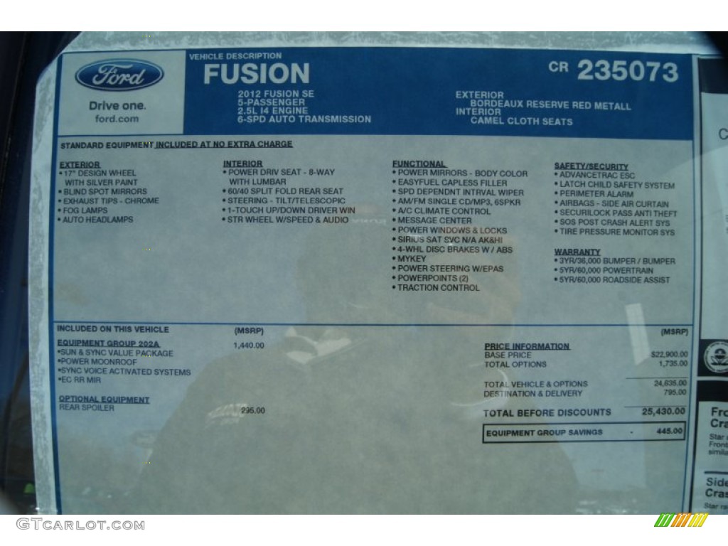 2012 Ford Fusion SE Window Sticker Photo #58229466