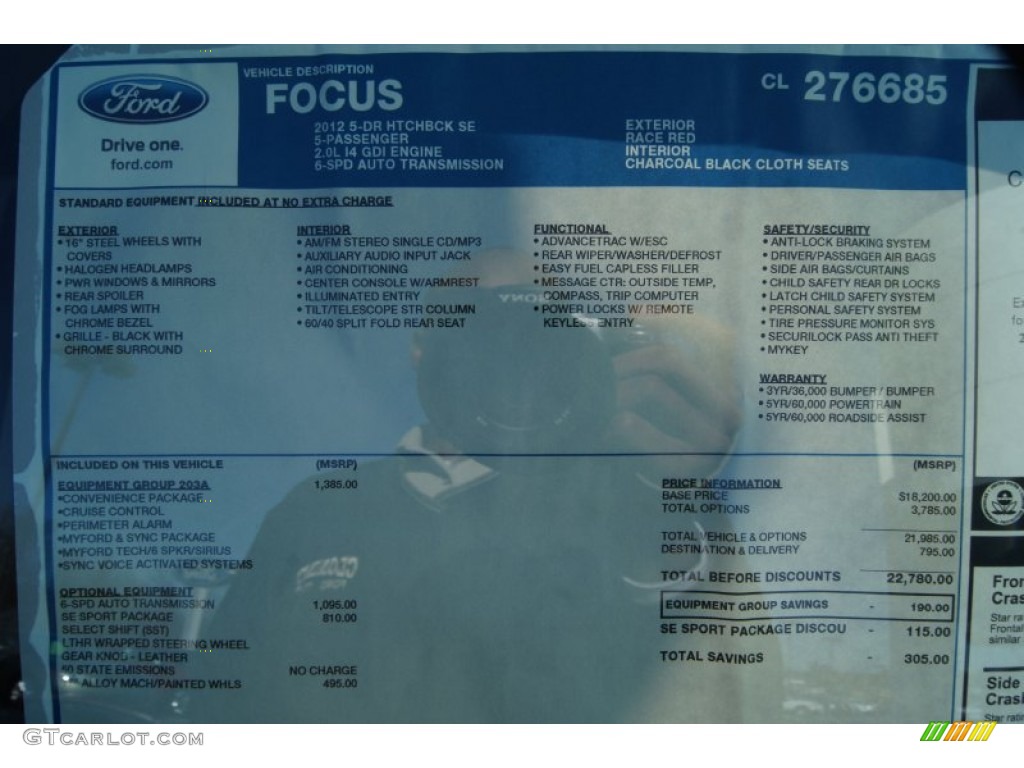 2012 Ford Focus SE Sport 5-Door Window Sticker Photo #58230012