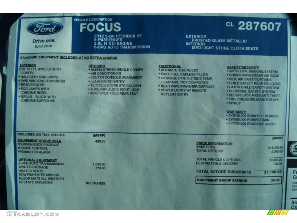2012 Focus SE 5-Door - Frosted Glass Metallic / Stone photo #8