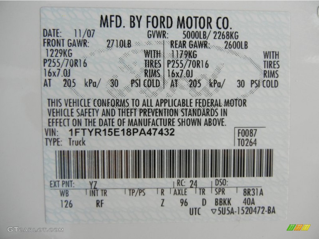 2008 Ranger Color Code YZ for Oxford White Photo #58235057