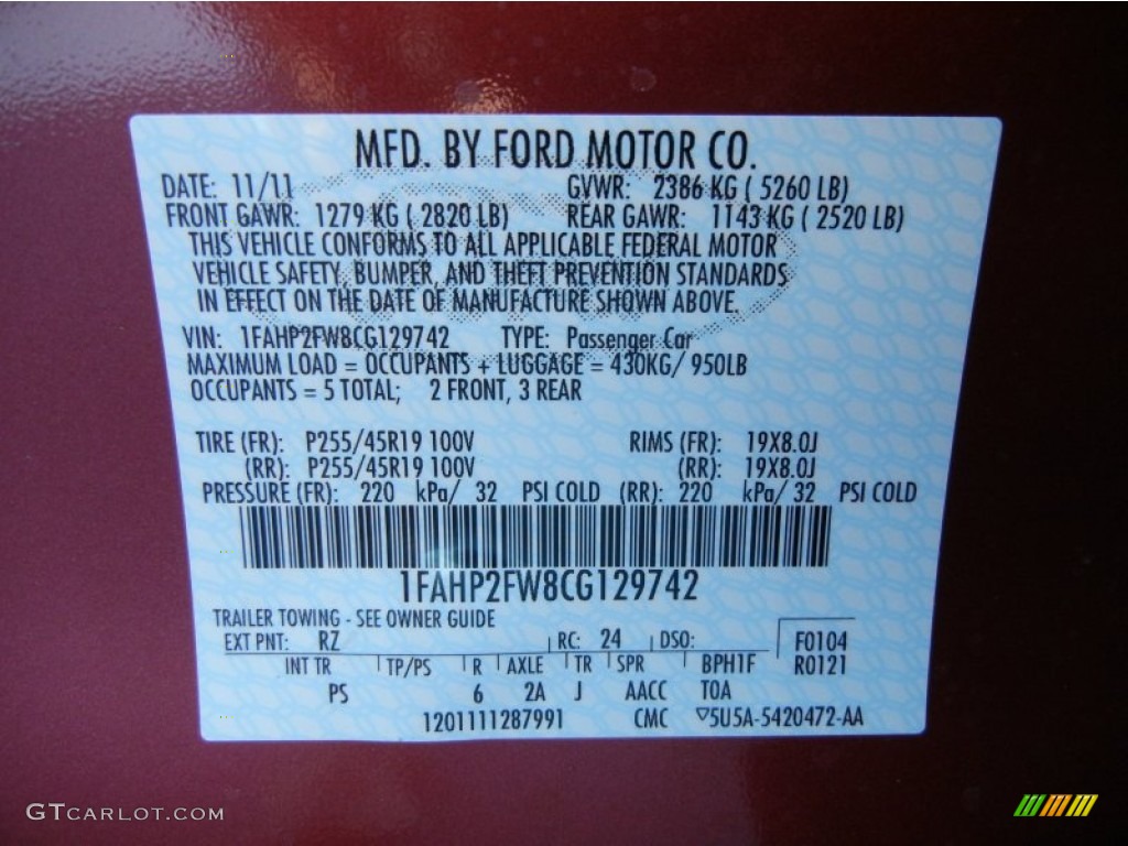 2012 Taurus Color Code RZ for Red Candy Metallic Photo #58235718