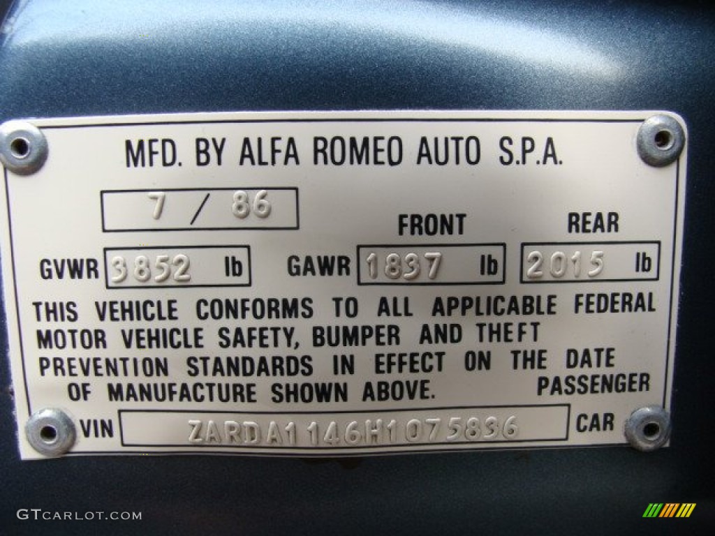 1987 Alfa Romeo Milano Silver Info Tag Photos