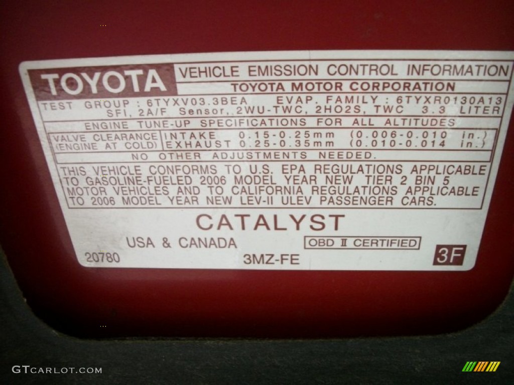 2006 Toyota Solara SLE V6 Convertible Info Tag Photos