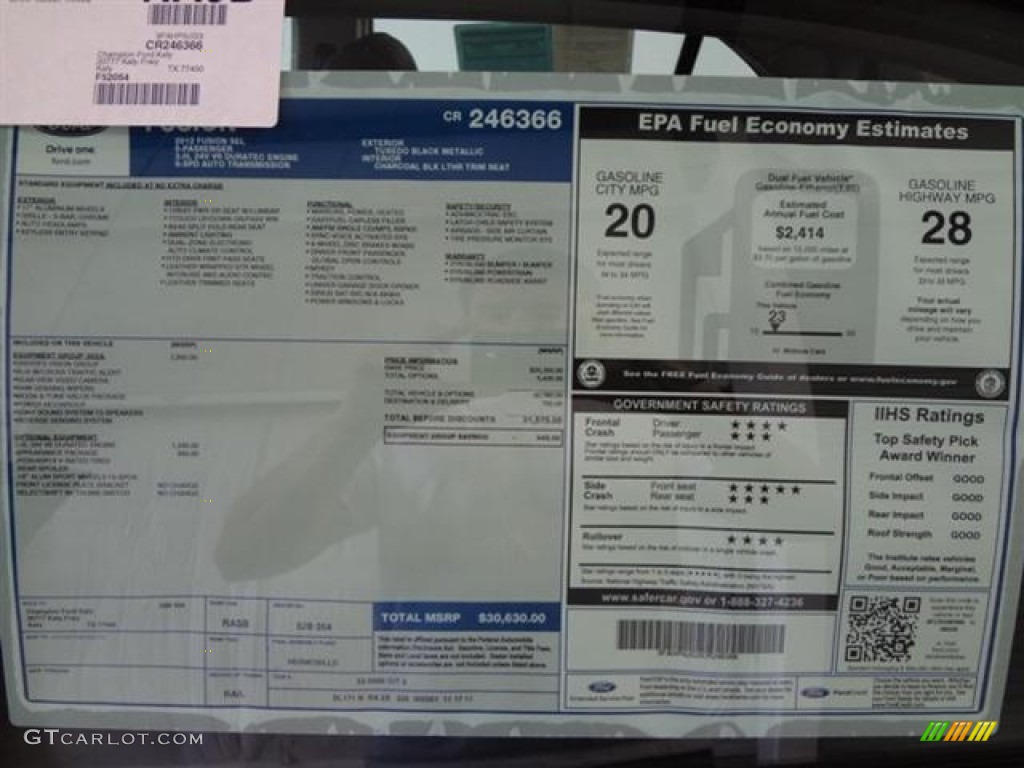 2012 Ford Fusion SEL V6 Window Sticker Photo #58260859