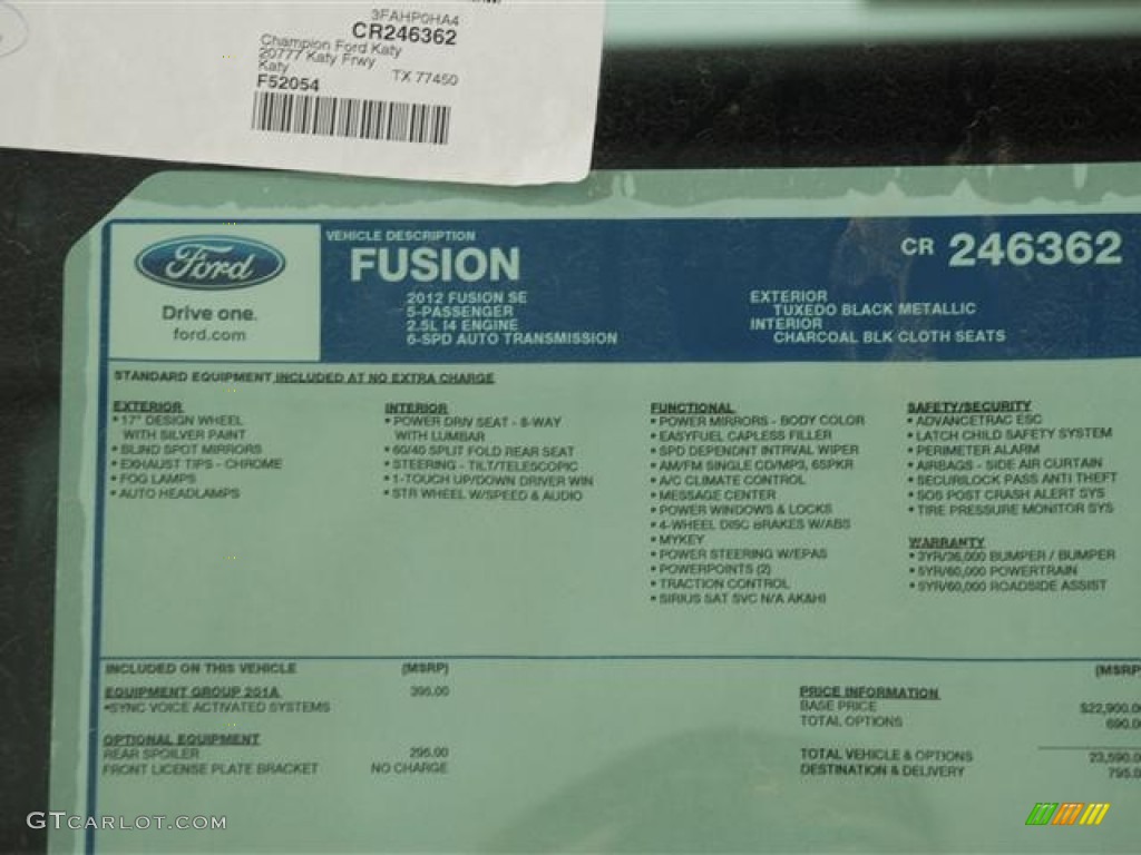 2012 Ford Fusion SE Window Sticker Photo #58261015