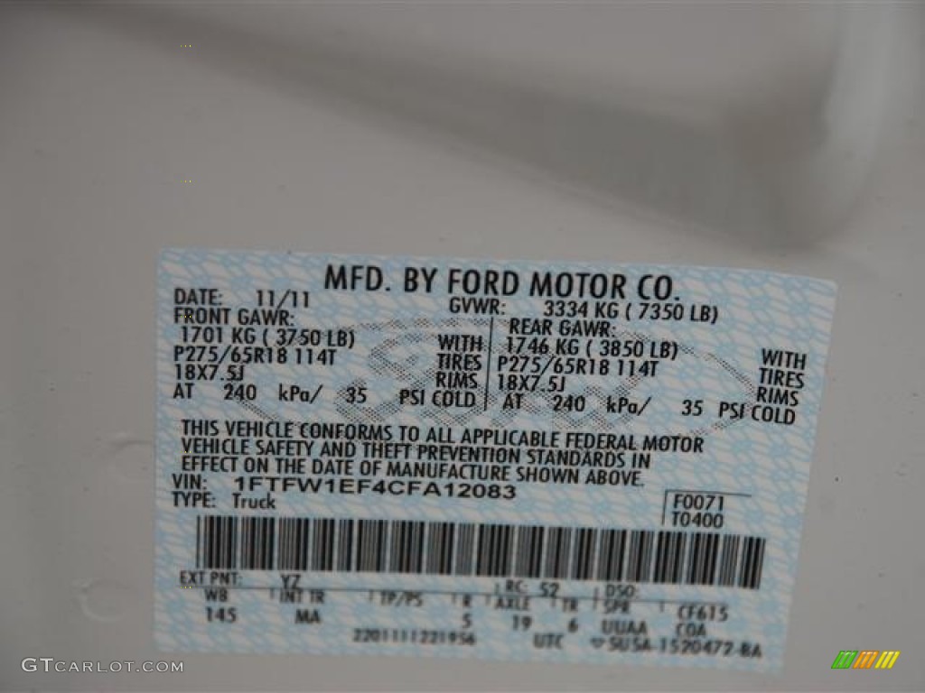 2012 F150 Color Code YZ for Oxford White Photo #58264177