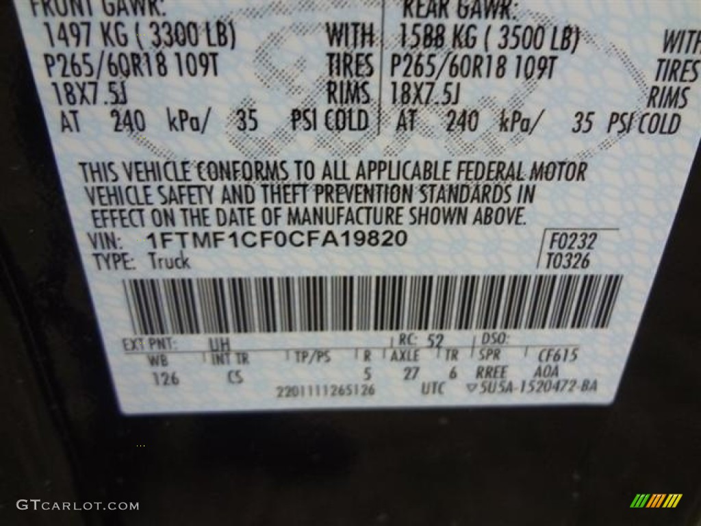 2012 F150 Color Code UH for Tuxedo Black Metallic Photo #58264696