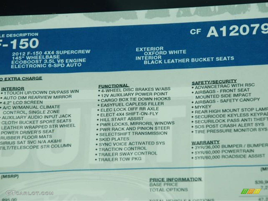 2012 Ford F150 FX4 SuperCrew 4x4 Window Sticker Photo #58264786