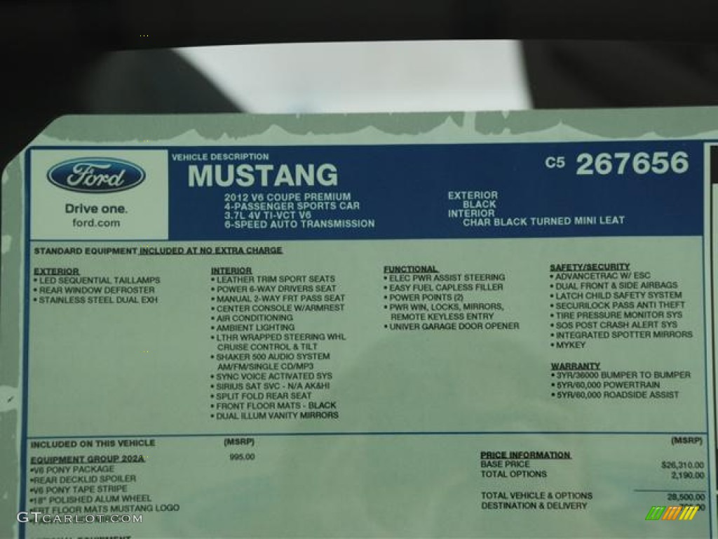 2012 Ford Mustang V6 Premium Coupe Window Sticker Photo #58266340