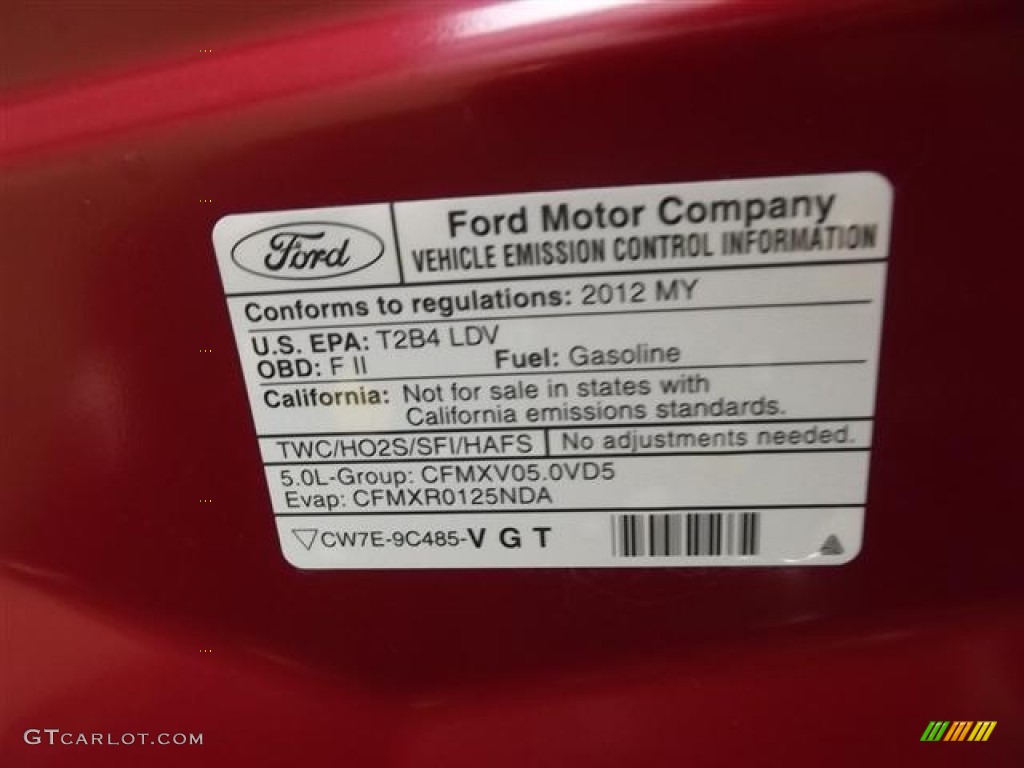 2012 Ford Mustang GT Coupe Info Tag Photo #58266522