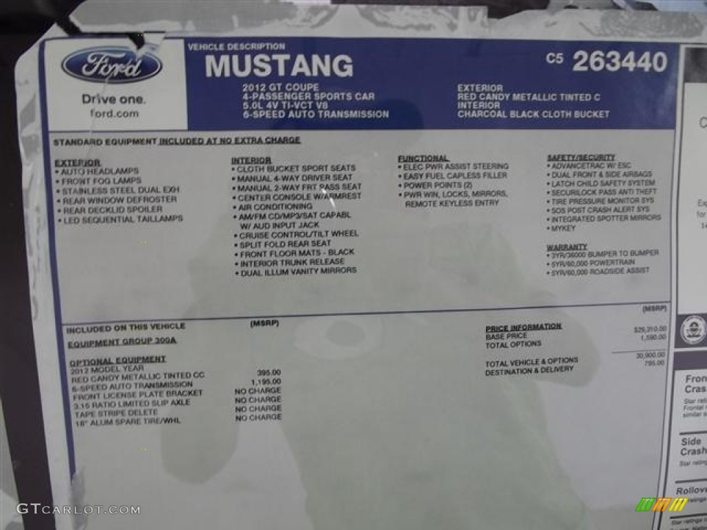 2012 Ford Mustang GT Coupe Window Sticker Photo #58266529